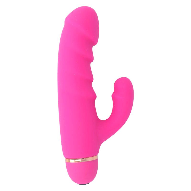 Pinkfarbener Vibrator mit gebogener Form. Geriffelte Oberfläche und gebogener Teil. Goldfarbener Ring am Fuß.