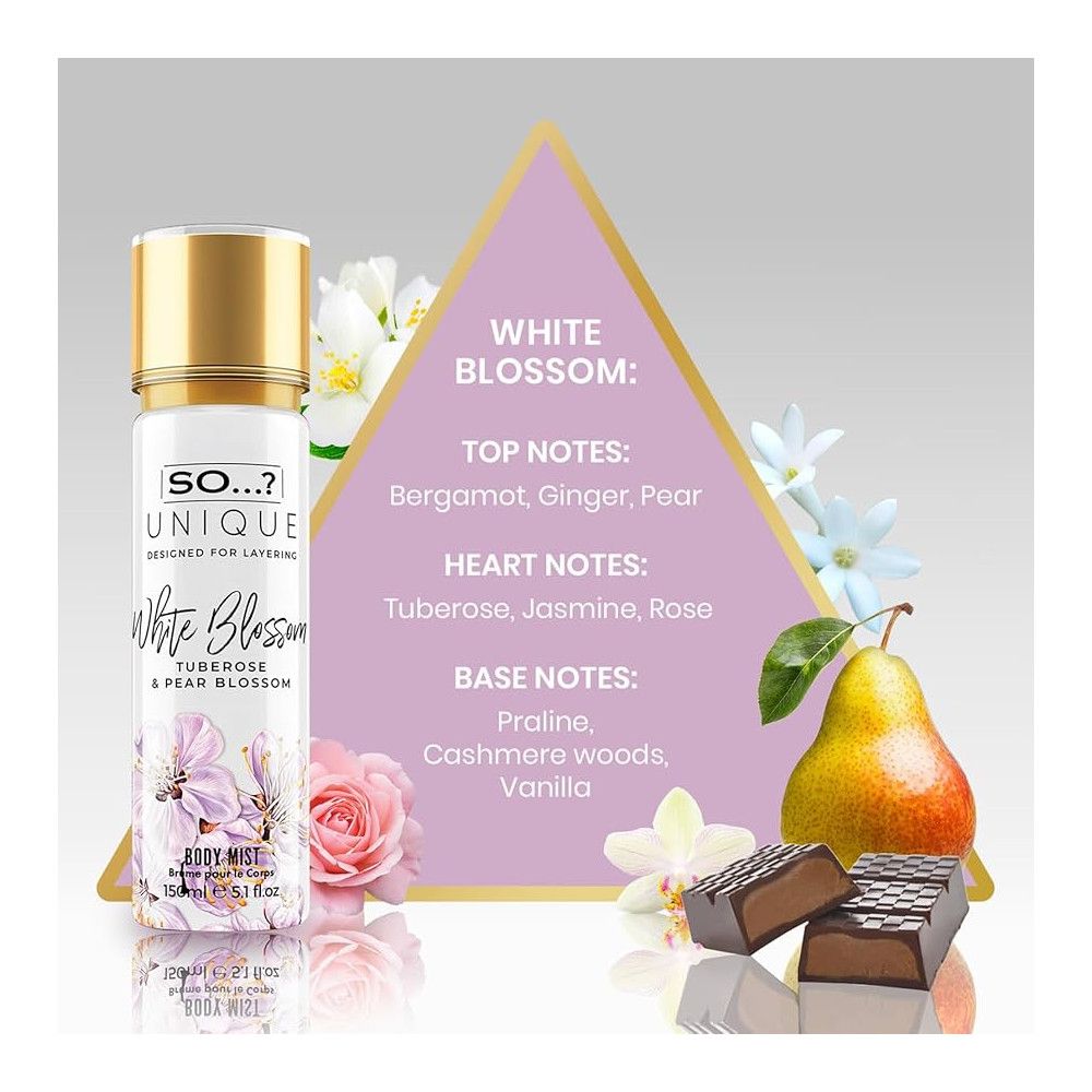 Körpernebel-Flasche mit goldener Kappe. Aufschrift: So...? Unique, White Blossom. Mit Blüten, Birne und Noten-Dreieck.