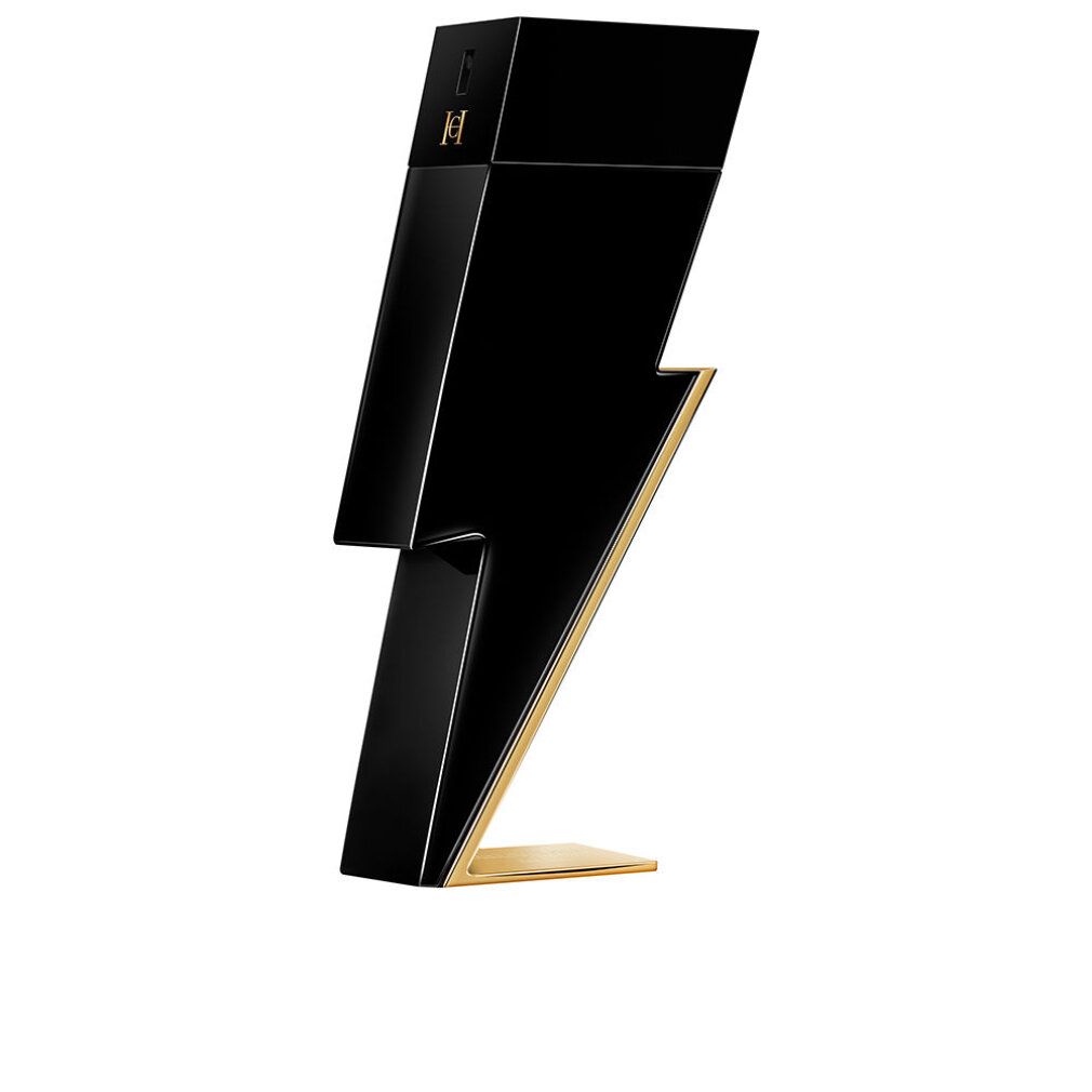 Schwarzer Flakon in Blitzform mit goldfarbenem Fuß. Logo 'H'.
