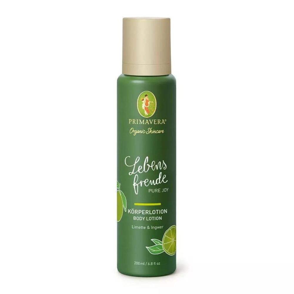 Grüne Flasche mit goldfarbenem Deckel. Aufschrift: Primavera Organic Skincare, Lebensfreude, Körperlotion, Limette & Ingwer.