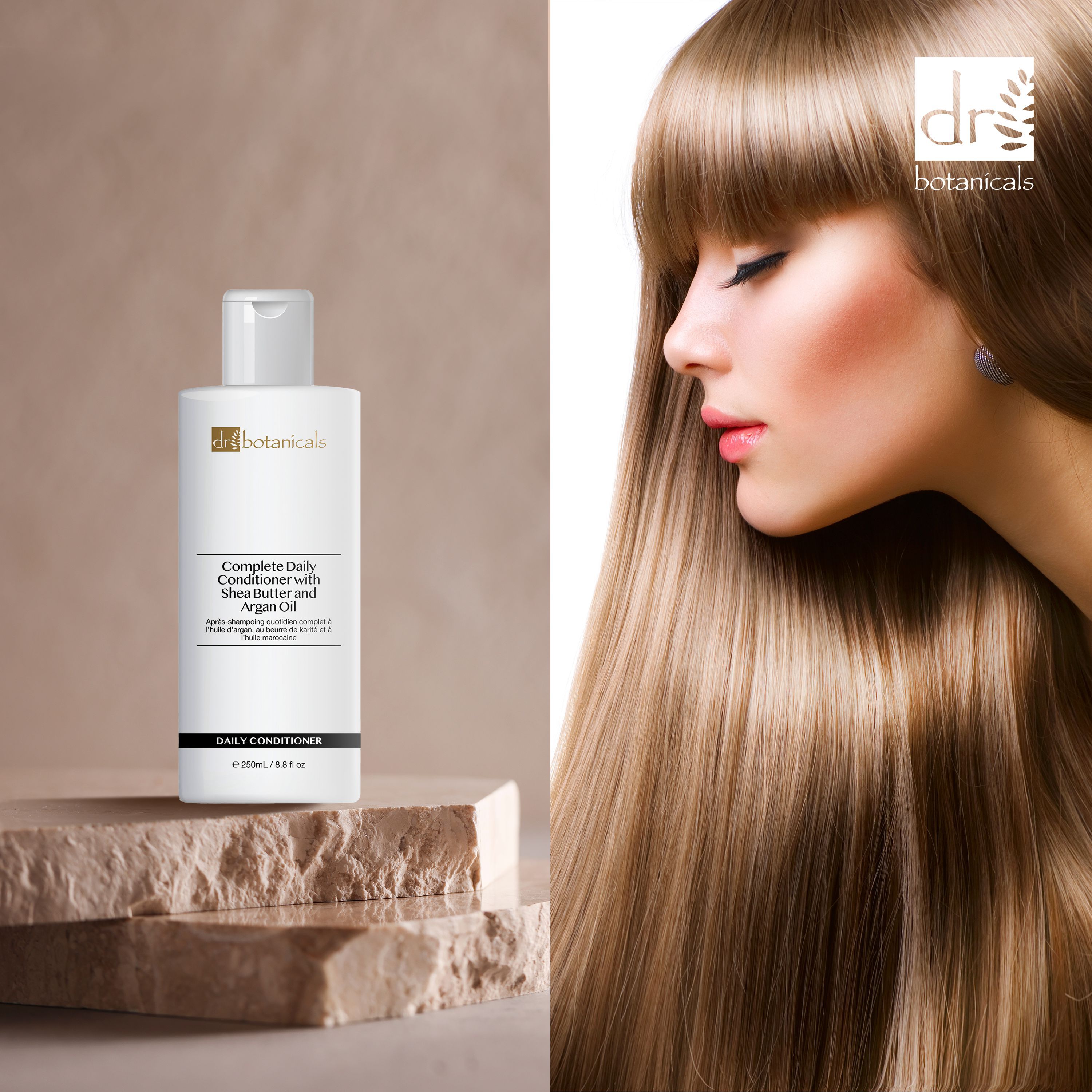 Flasche Conditioner neben Frau mit langen Haaren. Text: Complete Daily Conditioner with Shea Butter and Argan Oil. Marke: dr. botanicals.