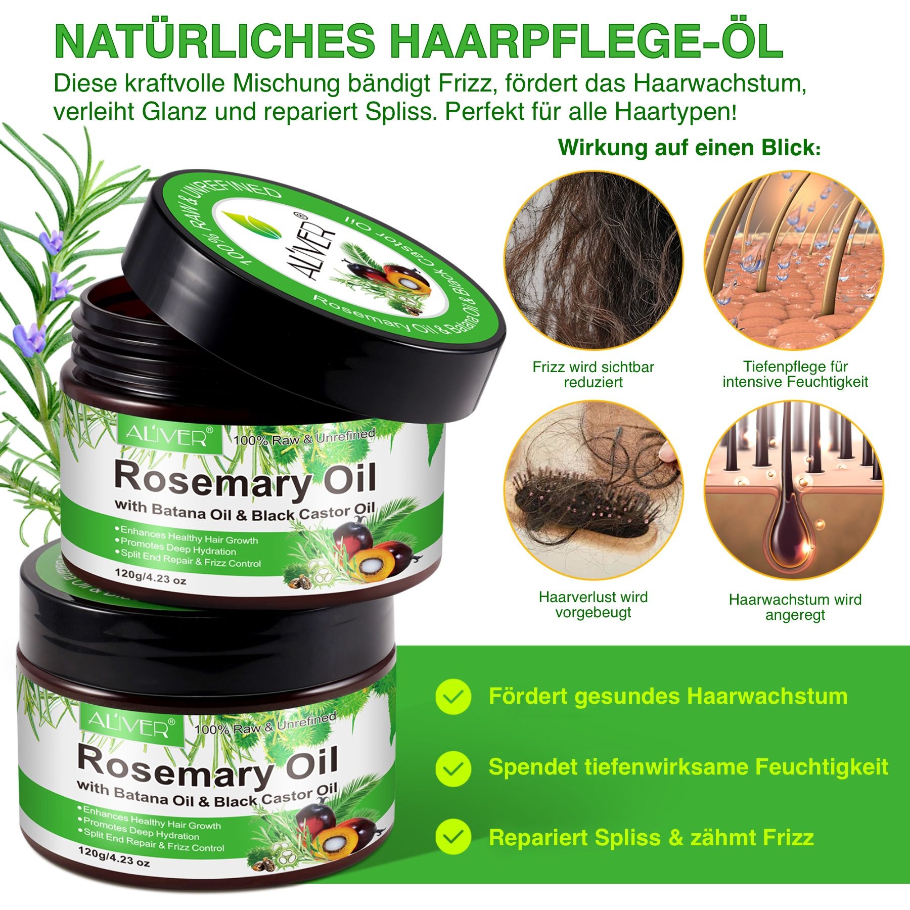 Drei ALIVER Rosmarinöl-Tiegel. Grafiken zeigen: Reduzierung von Frizz, Vorbeugung von Haarausfall, Feuchtigkeit, Anregung des Haarwachstums.