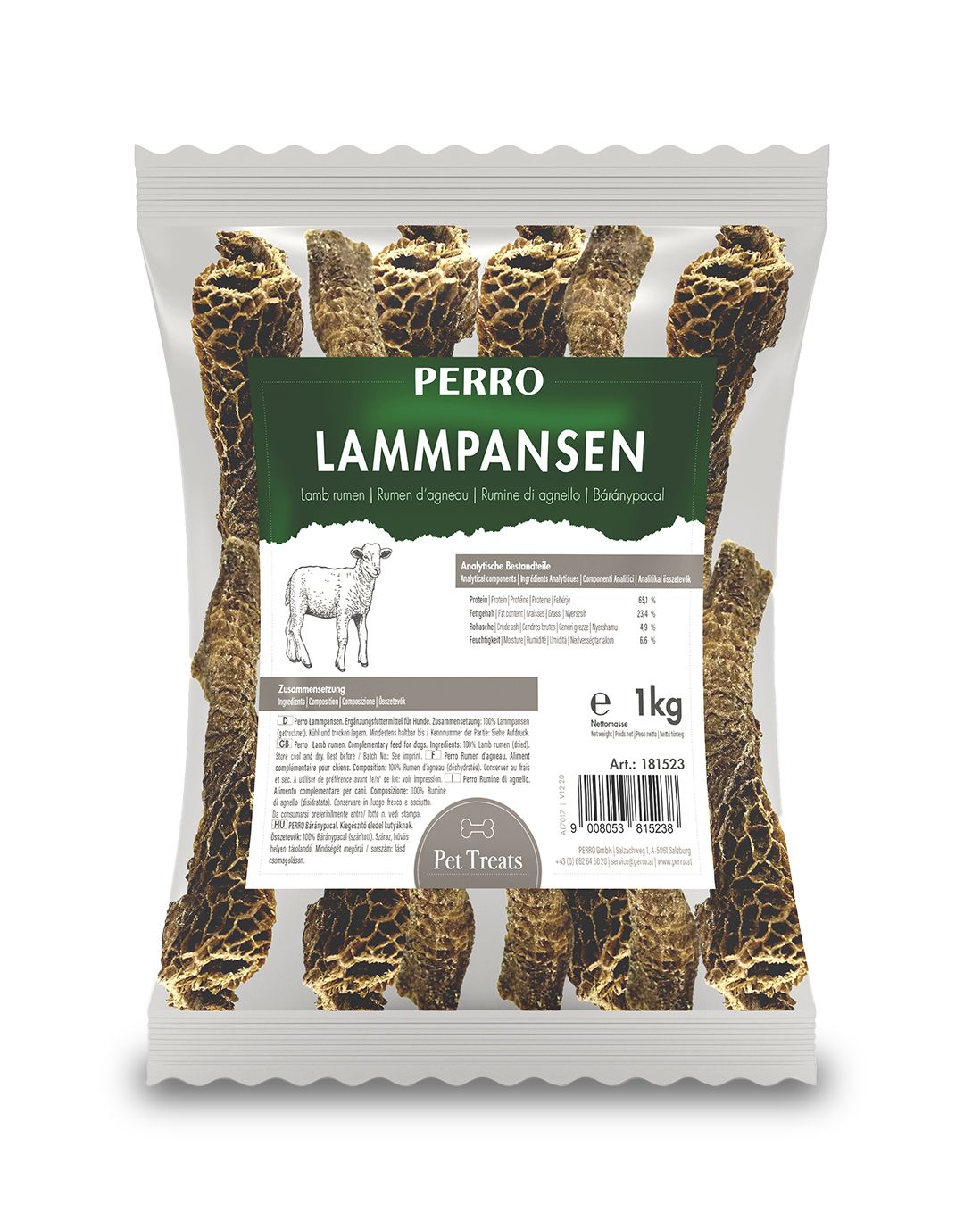 Verpackung mit PERRO Lammpansen. Sichtbar sind getrocknete, längliche Kausnacks. Aufdrucke: Produktname, Inhaltsstoffe, Gewicht 1 kg, Art.-Nr. 181523.