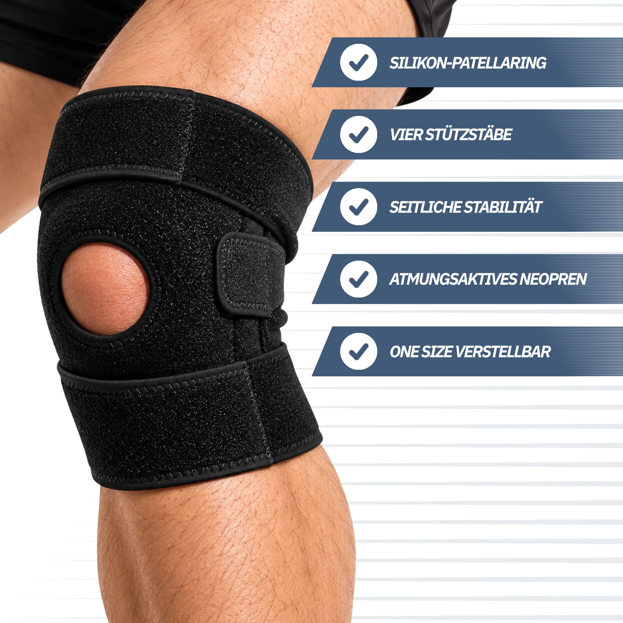 Schwarze Kniebandage aus atmungsaktivem Neopren mit Klettverschluss.