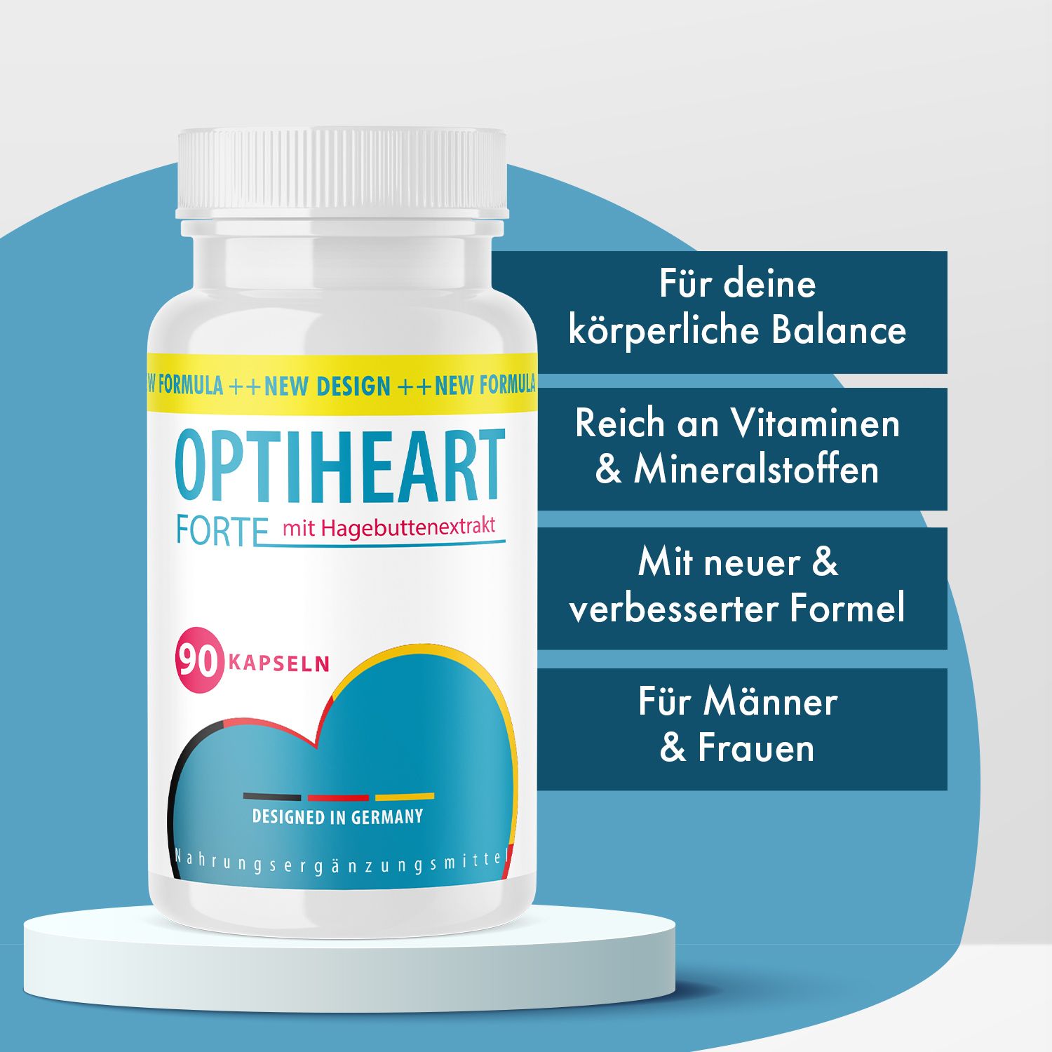 Optiheart Forte Kapseln auf Podest. Text: Für deine körperliche Balance, reich an Vitaminen & Mineralstoffen, mit neuer Formel.