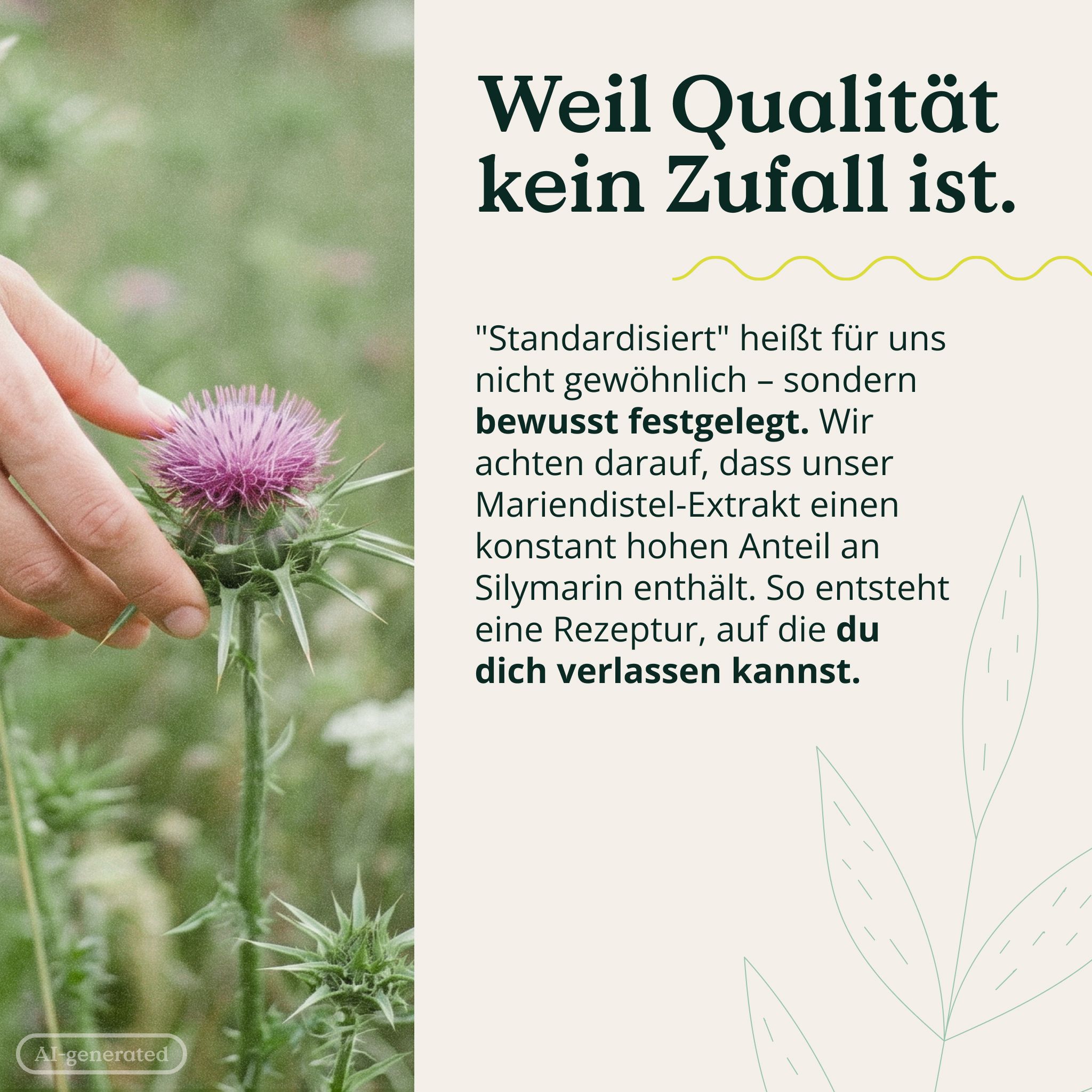 Nahaufnahme einer Hand, die eine Distelblüte berührt. Daneben Text über die Qualität von Mariendistel-Extrakt mit Silymarin.