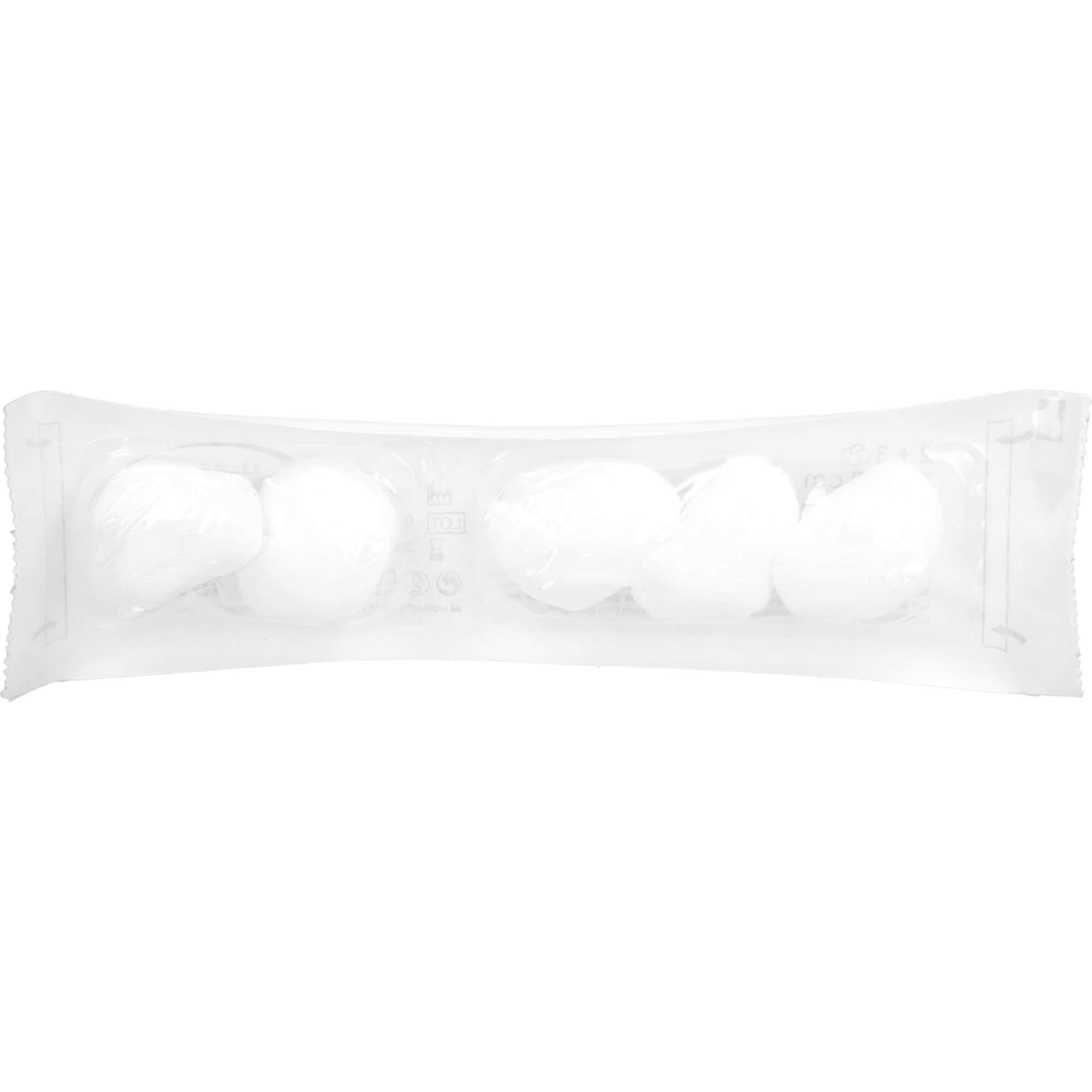 Verpackung mit vier weißen Tupfern. Die Tupfer sind in einer transparenten Folie eingeschweißt.