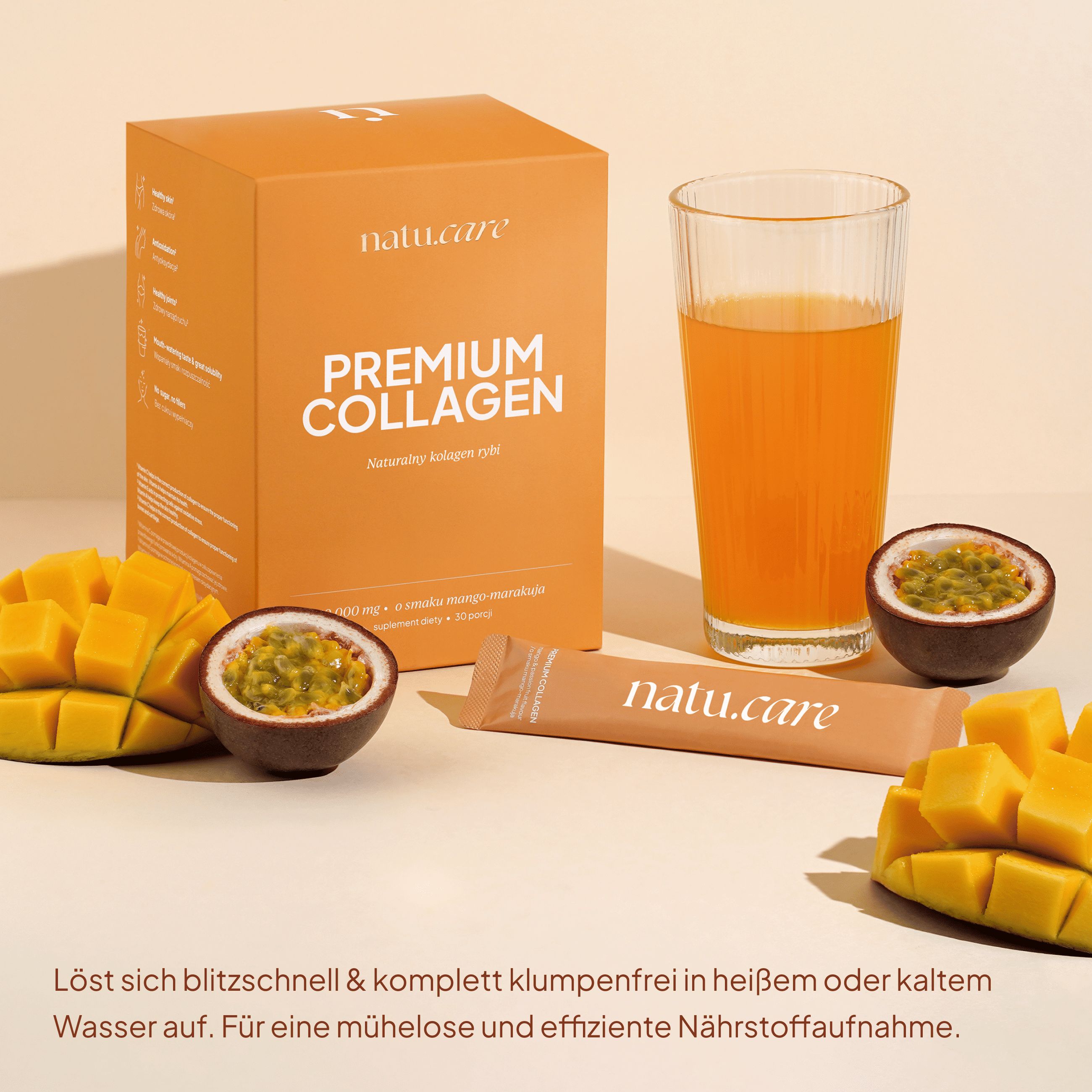Schachtel, Glas mit Flüssigkeit, Mango, Maracuja. Aufschrift "natu.care". Text: löst sich schnell.