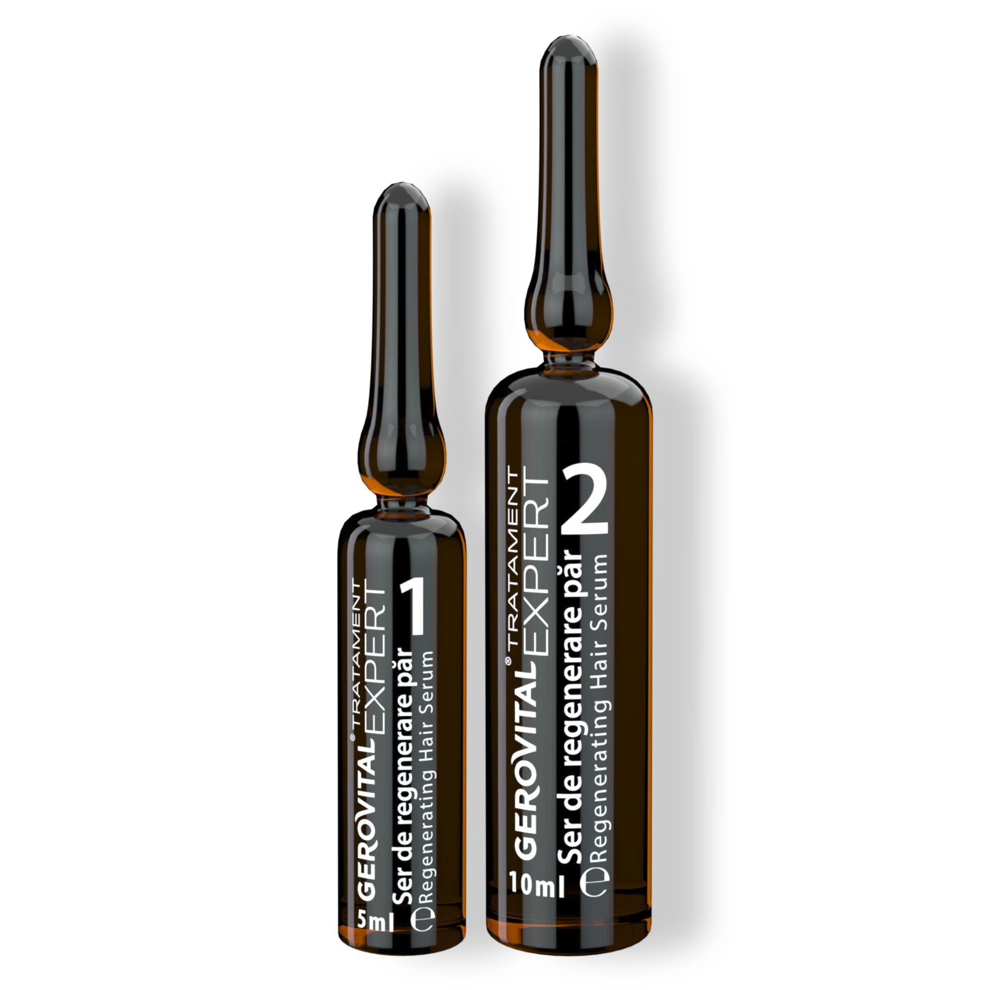 Zwei braune Ampullen. Aufdrucke: Gerovital Expert, Serum für Haarregeneration. Ampullen mit unterschiedlichen Größen.