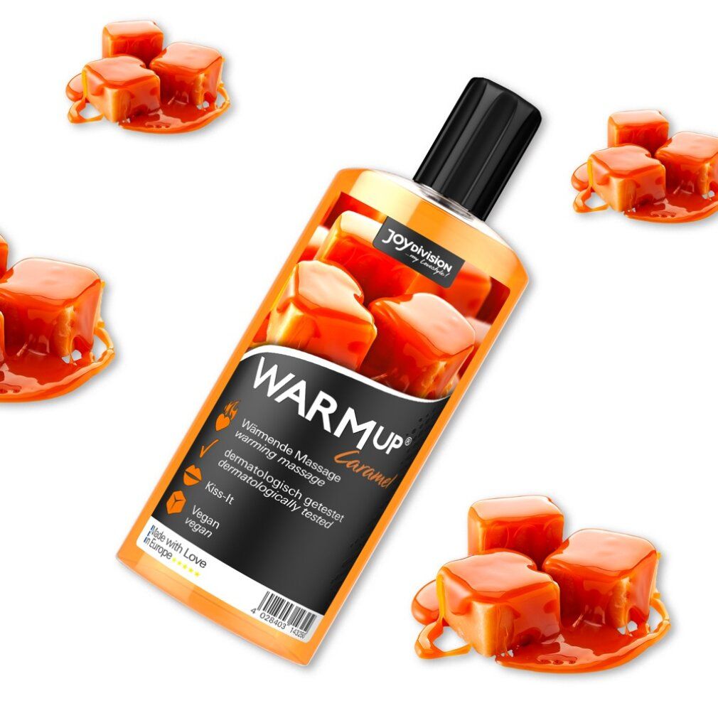 Produktverpackung mit Flasche und Karamell-Würfeln. Aufschrift: WARMup, Caramel-Liquid. Vegan.
