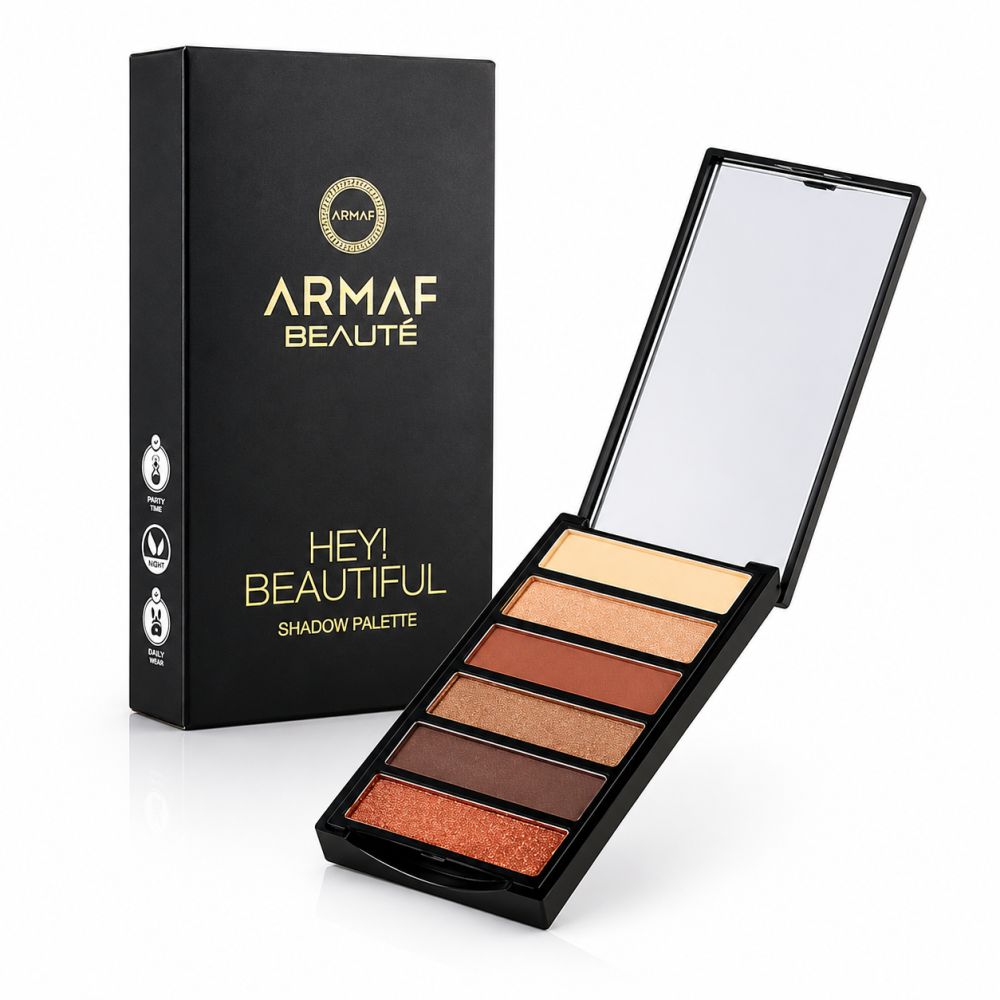 Armaf Hey Beautiful Lidschattenpalette in schwarzer Verpackung mit offener Palette, die sechs Brauntöne zeigt.