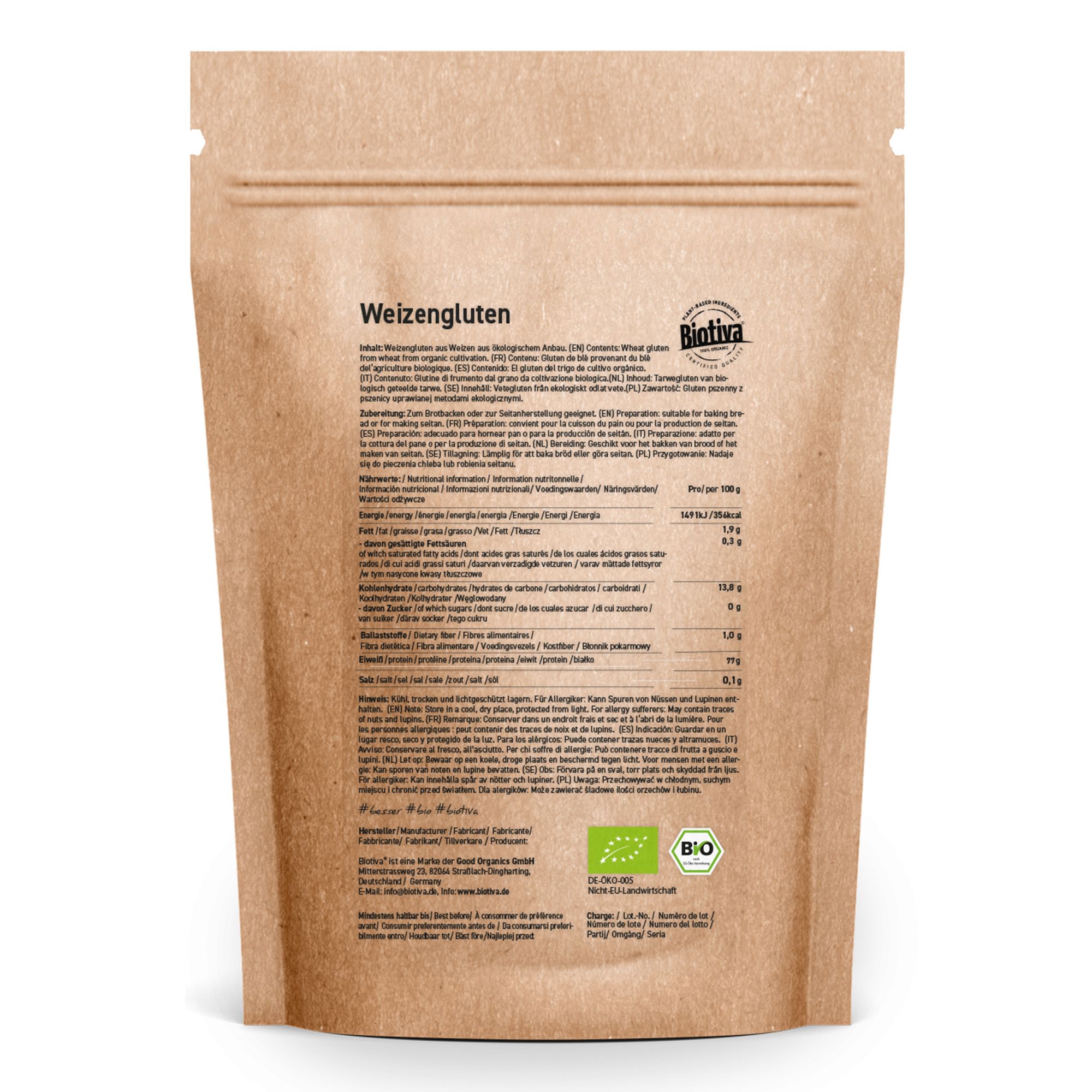 Rückseite der Biotiva Weizengluten Bio Verpackung. Enthält Informationen zu Inhaltsstoffen, Nährwerten und Bio-Zertifizierung.
