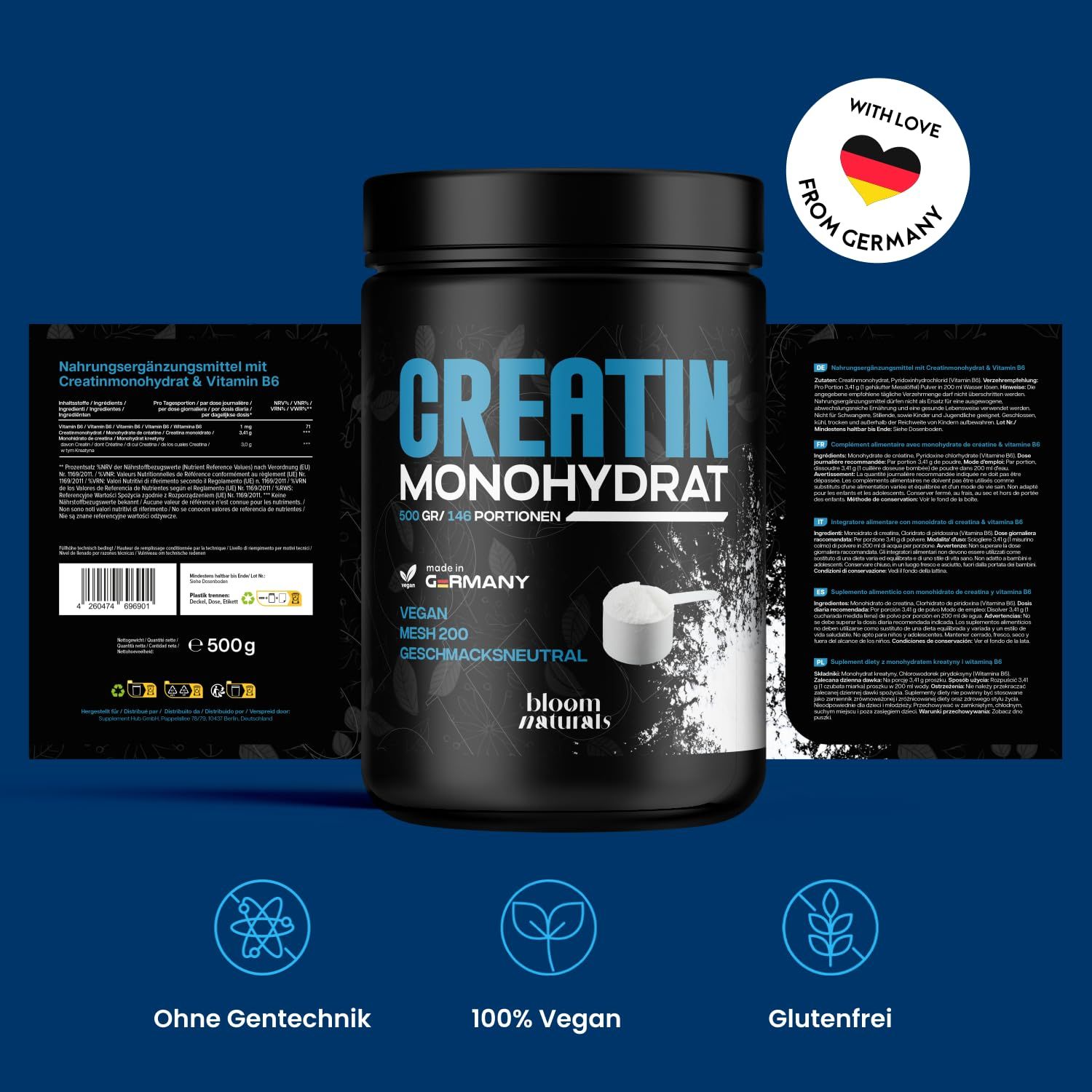 Schwarze Dose mit "Creatin Monohydrat". Zusätzliche Produktinformationen und Logos: Ohne Gentechnik, 100% Vegan, Glutenfrei. "Made in Germany".