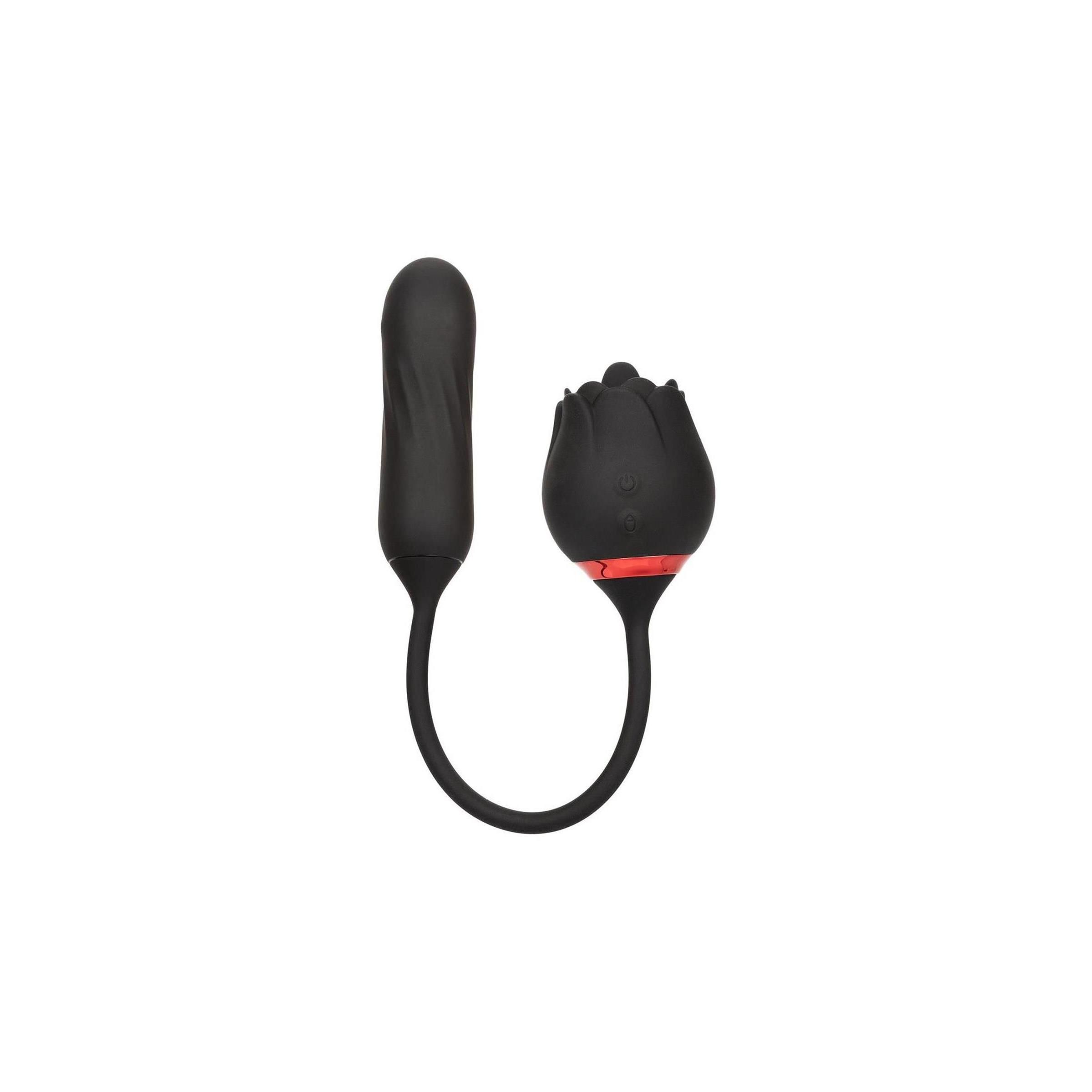 Schwarzes Wellness-Produkt. Abgebildet: Vibrator, Rosenknospe.