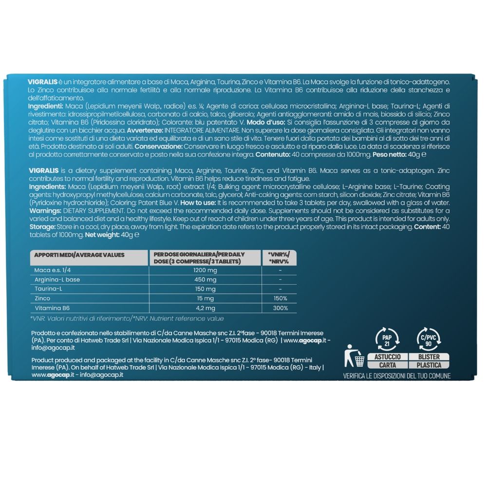 Text über Vigralis-Inhaltsstoffe und Nährwerte. Enthält 40 Tabletten.