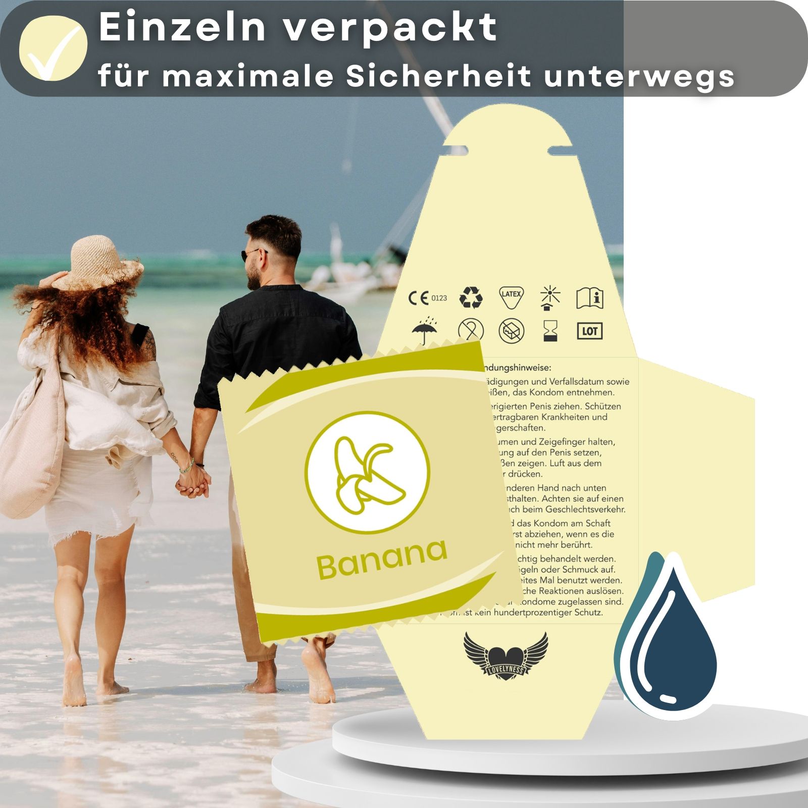 Kondomverpackung mit Text: Einzeln verpackt für maximale Sicherheit unterwegs. Kondomverpackung mit Bananen-Logo.