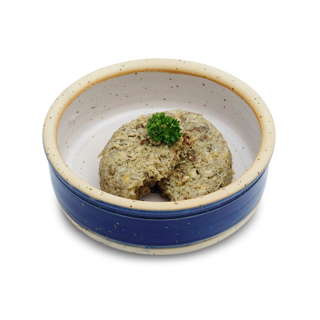Hundefutter in einer blauen und weißen Schüssel. Ein grünes Kraut garniert das Futter.