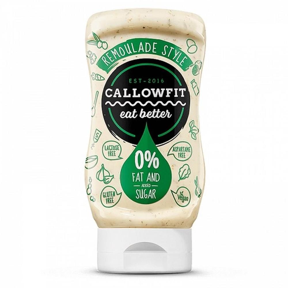 Beige Sauce-Flasche mit weißem Deckel. Aufschrift: Callowfit, 0% Fett und Zucker, Remoulade Style. Ohne Laktose, Gluten, Aspartam.