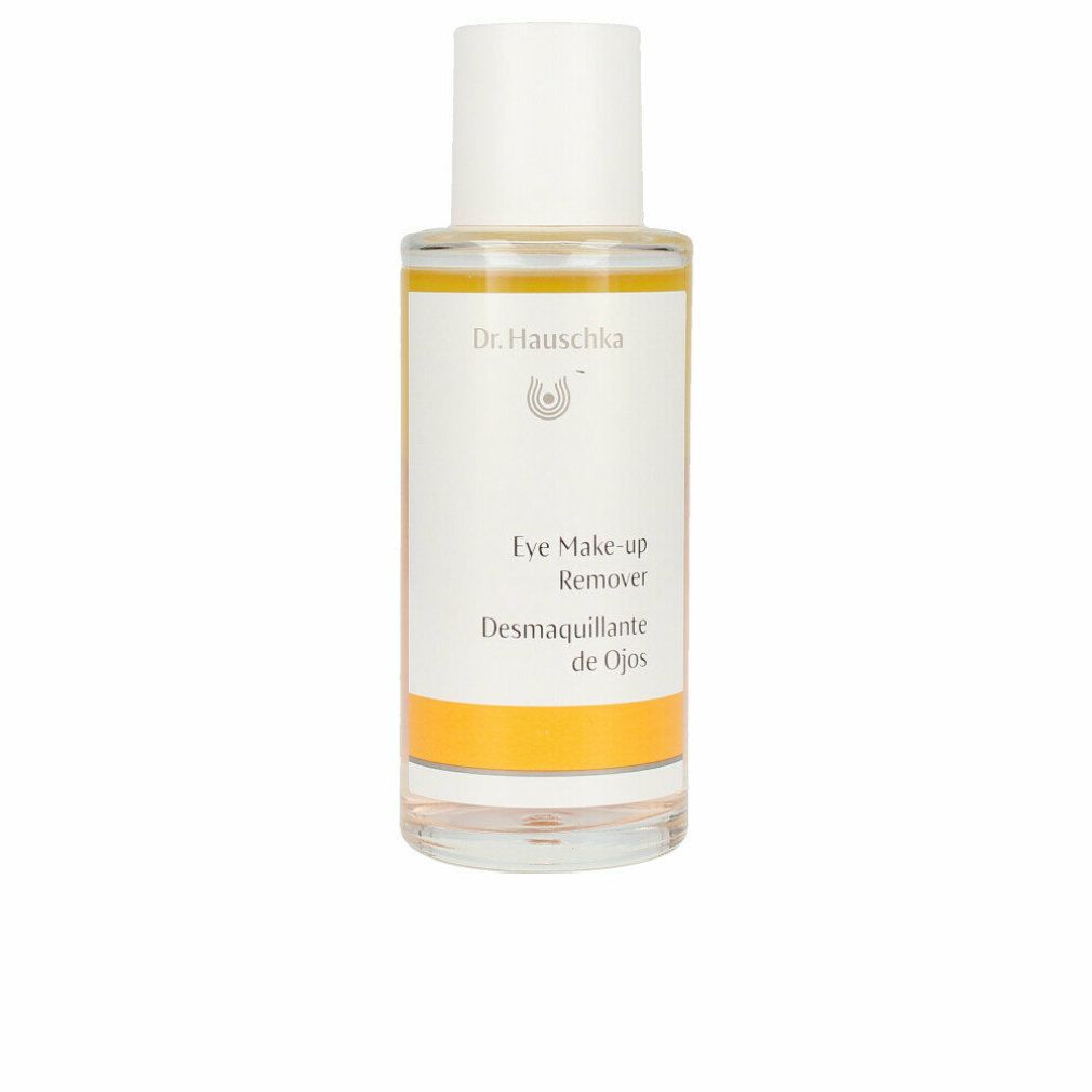Klare Flasche mit weißem Deckel. Etikett mit Produktbezeichnung und Logo. Gelber Streifen am unteren Rand. "Eye Make-up Remover".