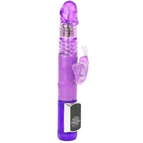 Lila Baile Rabbitvibrator "Schmetterlingsprinz". Vibrator mit Steuerung, Schmetterling-Aufsatz und geriffelter Oberfläche. Produktname nicht sichtbar.