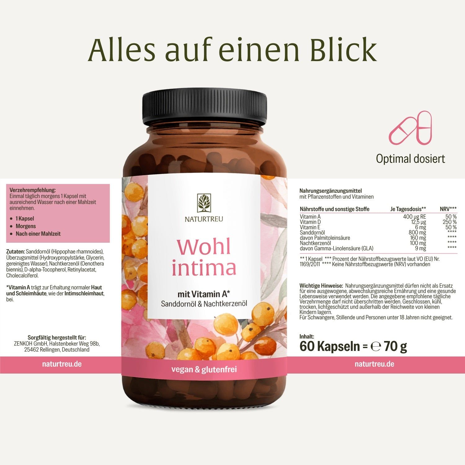 Flasche mit Sanddorn- und Nachtkerzenöl-Kapseln, Nährwertangaben und Inhaltsstoffe.