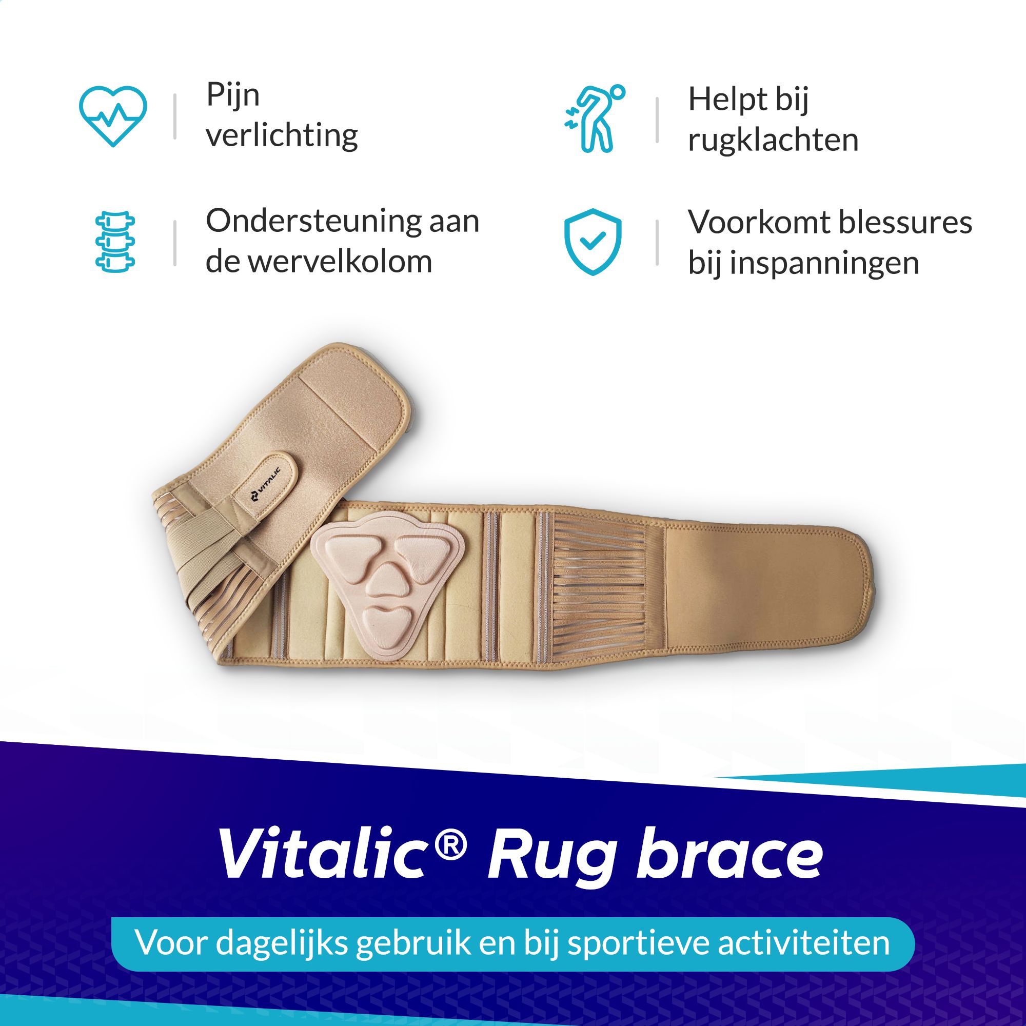 Beige Rückenstützgürtel mit Logo und Stützelementen. Text: 'Rug brace'.