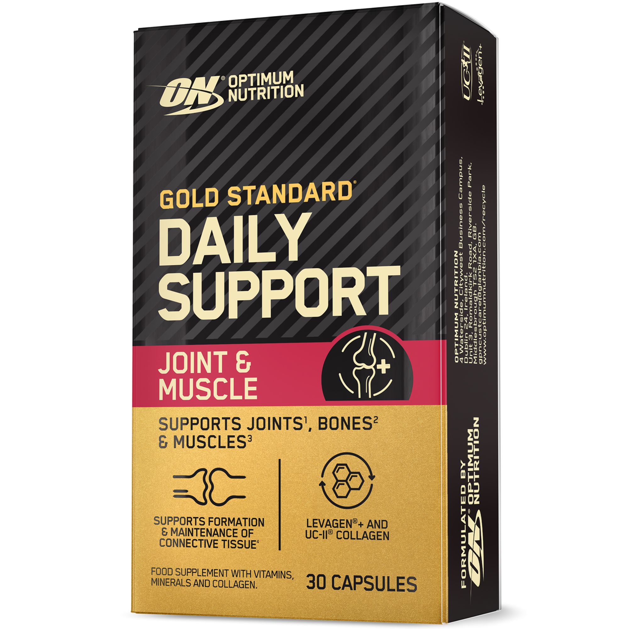 Verpackung von OPTIMUM NUTRITION Daily Support. Enthält 30 Kapseln. Unterstützt Gelenke, Knochen und Muskeln. Enthält Levagen+ und UC-II Kollagen.