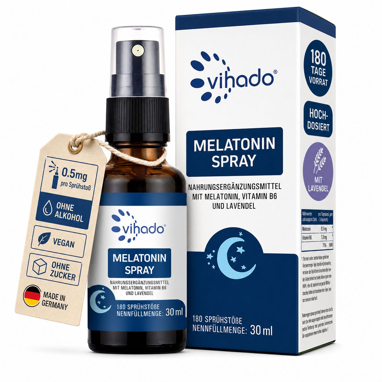 Vihado Melatonin Einschlafspray: 30ml Flasche mit Pumpsprühkopf, Kartonverpackung. Enthält Melatonin, Vitamin B6, Lavendel. Ohne Alkohol, Zucker, Laktose.