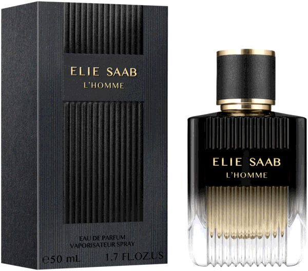 Schwarzer Flakon und Schachtel. Aufschrift: ELIE SAAB L'HOMME. Text: Eau de Parfum, 50 ml.