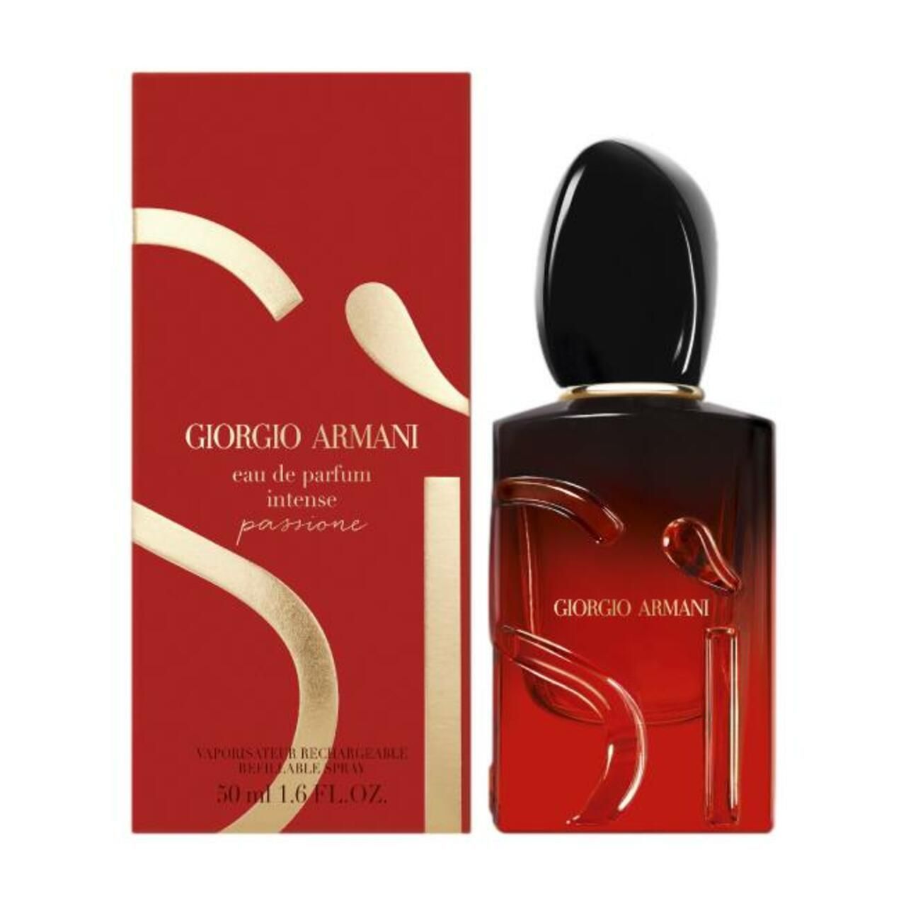 Roter Flakon und rote Schachtel. Aufschrift Giorgio Armani. Si-Schriftzug und Produktbezeichnung.