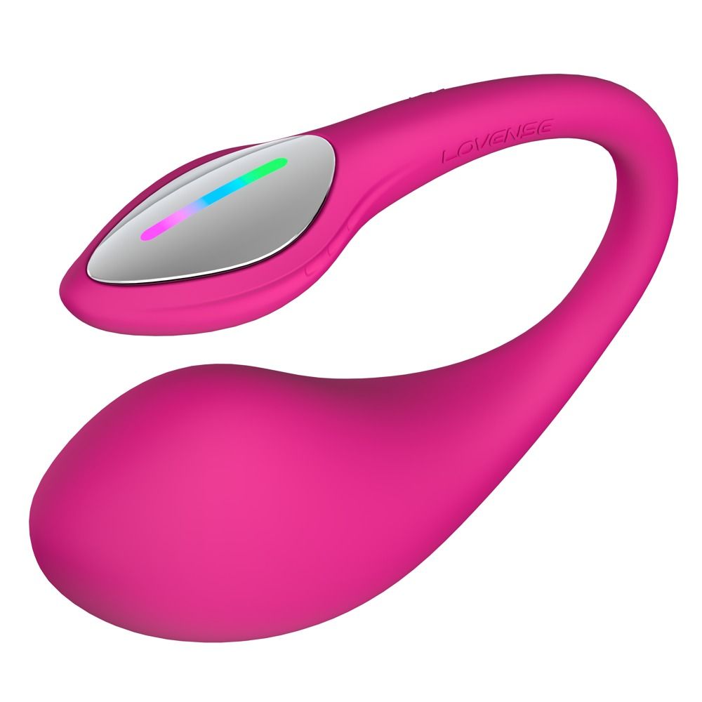 Rosa Vibrator mit gebogener Form und farbigem Licht an der Spitze. Weißer Hintergrund.