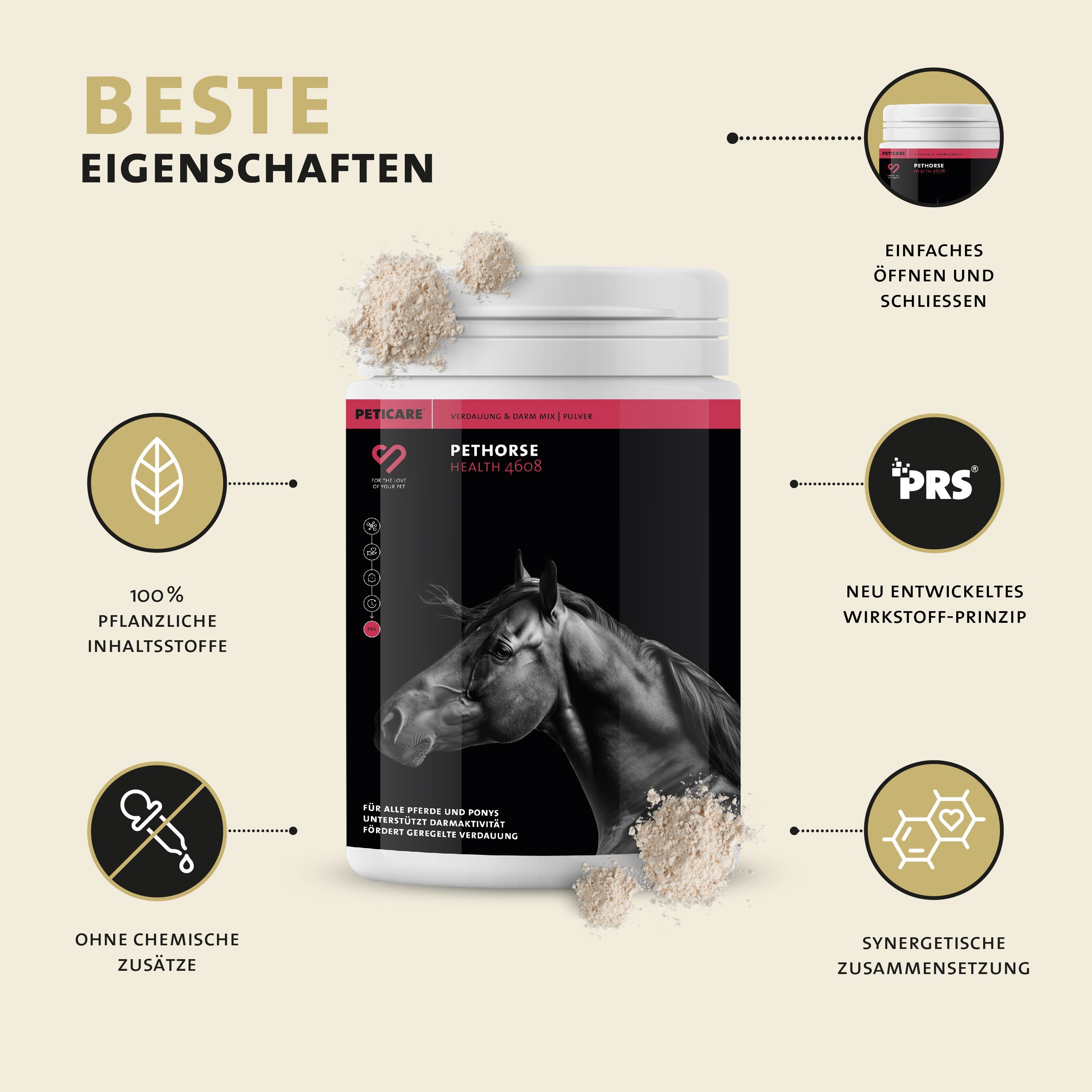 Behälter mit Pulver. Text: Beste Eigenschaften. 100% pflanzliche Inhaltsstoffe. Ohne chemische Zusätze.