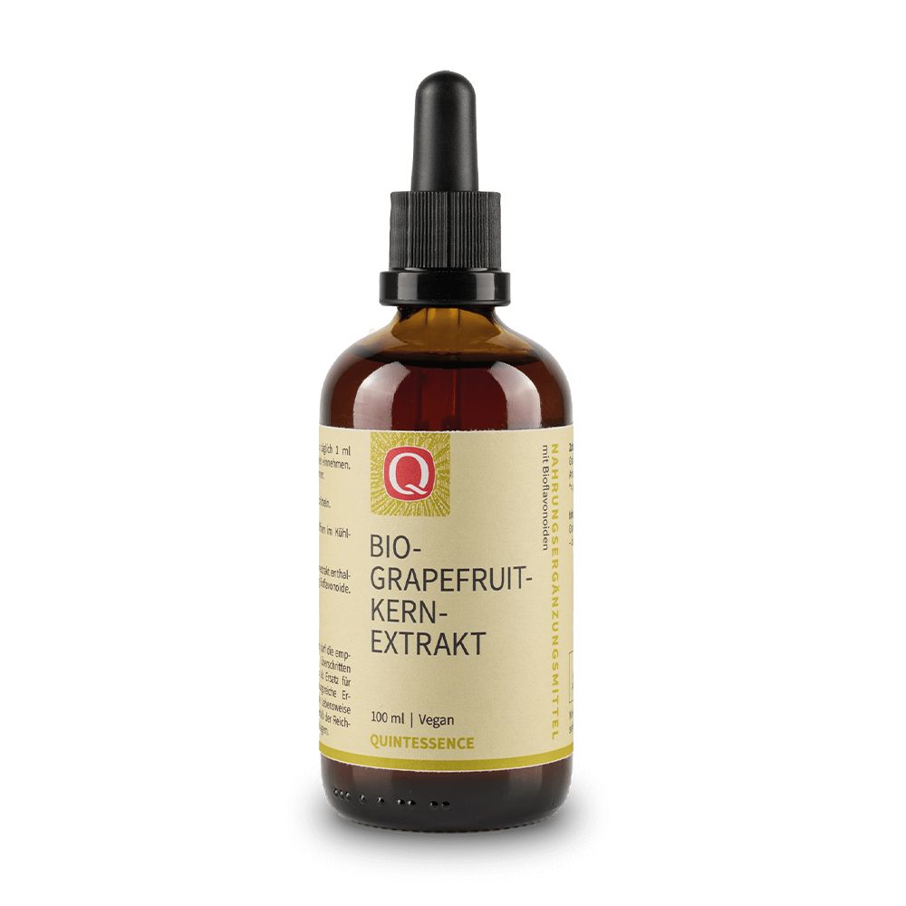 Braune Glasflasche mit Tropfer. Etikett mit Produktname und Marke. Vegan. Quintessence.