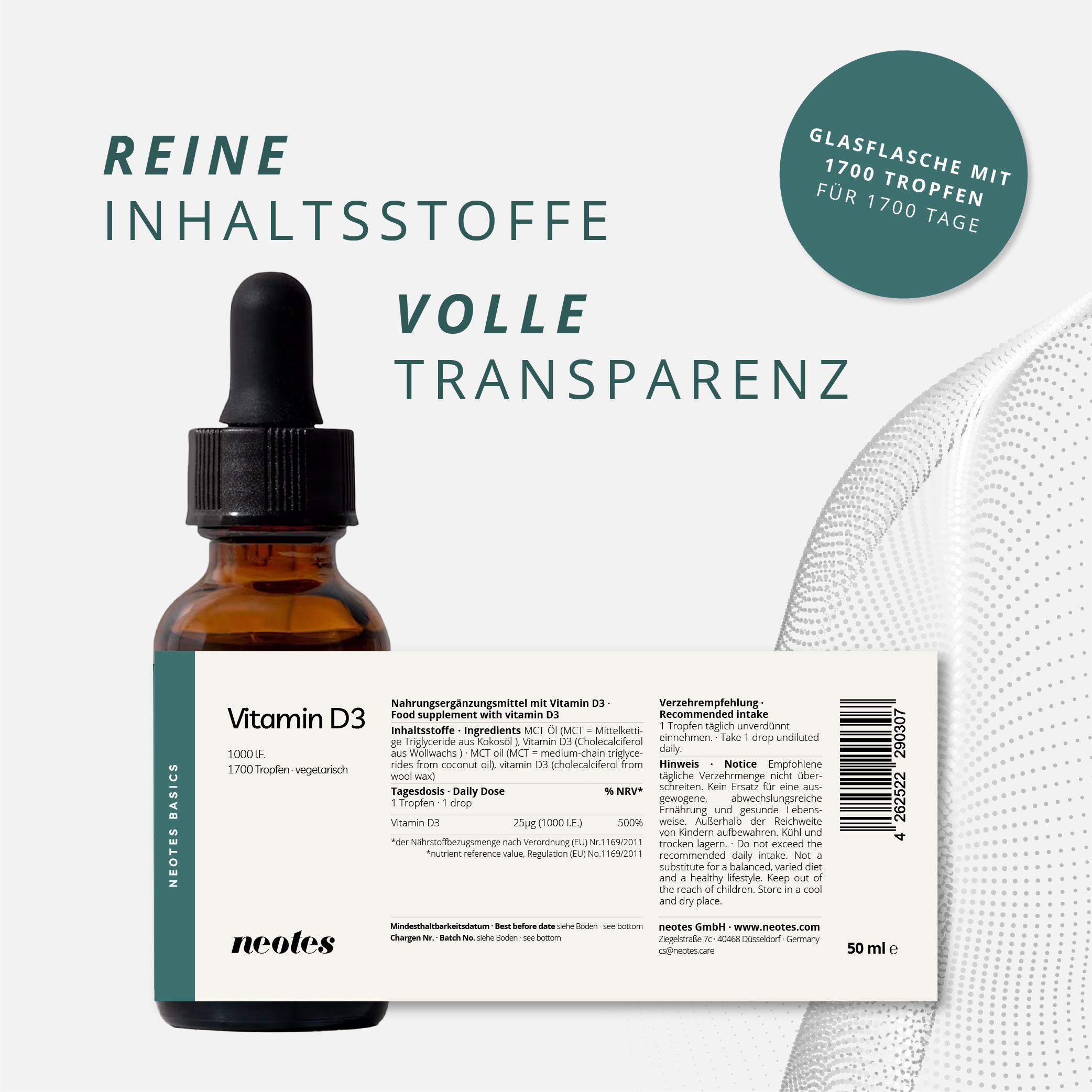 Braune Glasflasche mit schwarzem Tropfer und Etikett. Auf dem Etikett steht "Vitamin D3". Daneben eine Packung mit Produktinformationen.