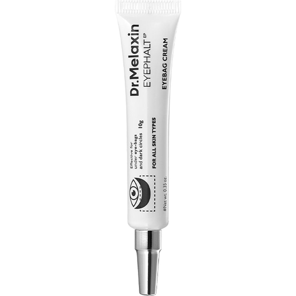 Dr.Melaxin Eyephalt Eyebag Cream Tube. Weiß, mit silberner Spitze. Enthält 10g. Für alle Hauttypen.