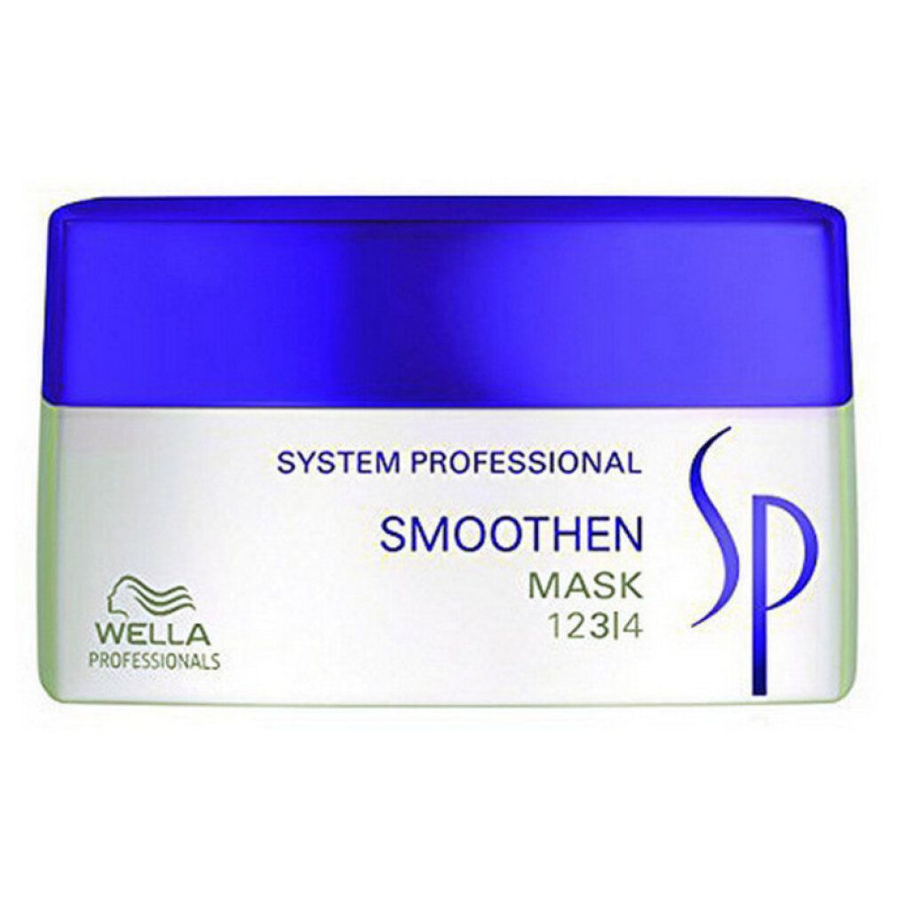 Behälter mit blauem Deckel. Aufschrift: System Professional Smoothen Mask 12314. Logo von Wella Professionals.