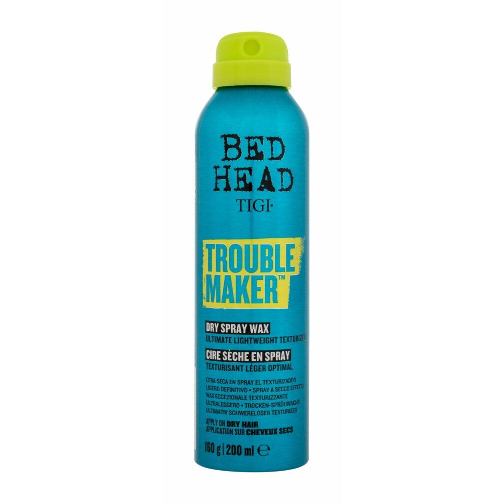 Türkisblaue Spraydose mit gelbem Deckel. Aufschrift: Bed Head TIGI Trouble Maker Dry Spray Wax. 160g/200ml.
