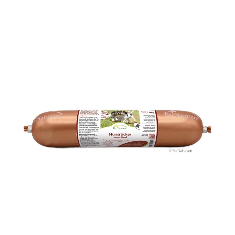 Wurst in brauner Verpackung. Aufschrift: Hunsrücker vom Rind. Marke: PerNaturam. Mit Etikett und Siegel.