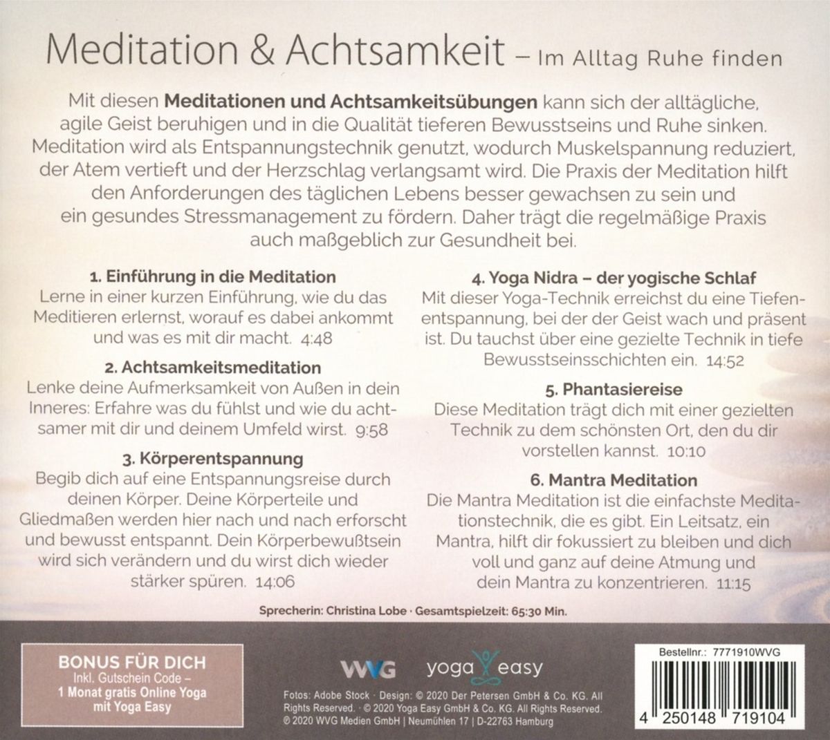 Rückseite der CD-Hülle mit Text. Titel: Meditation & Achtsamkeit. Inhaltsangabe und Sprecherin.
