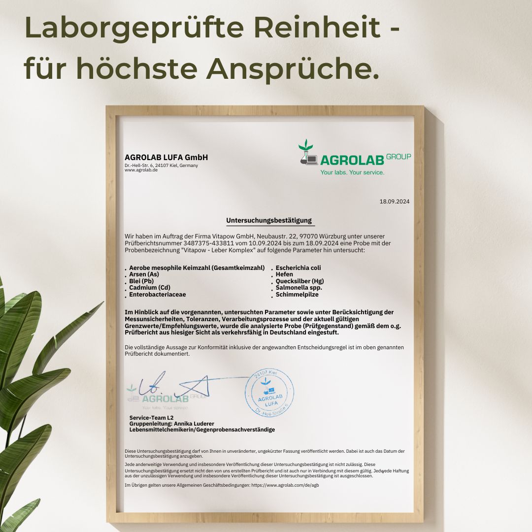 Zertifikat von Agrolab LUFA GmbH. Unterschriften und Stempel. Text: Laborgeprüfte Reinheit - für höchste Ansprüche.