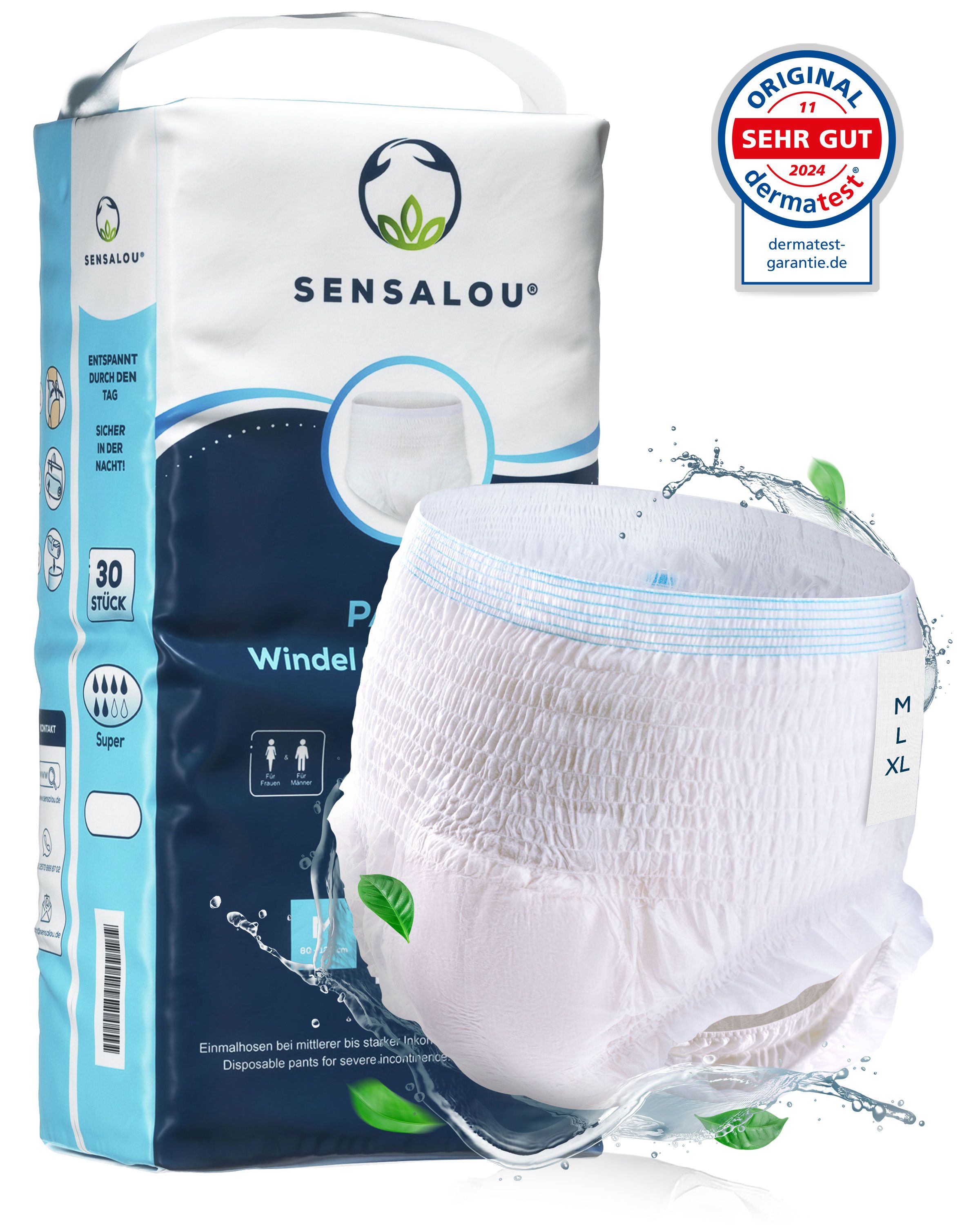 Weiße Inkontinenzhose. Verpackung mit Sensalou-Logo, 30 Stück, Super. Dermatest-Siegel.