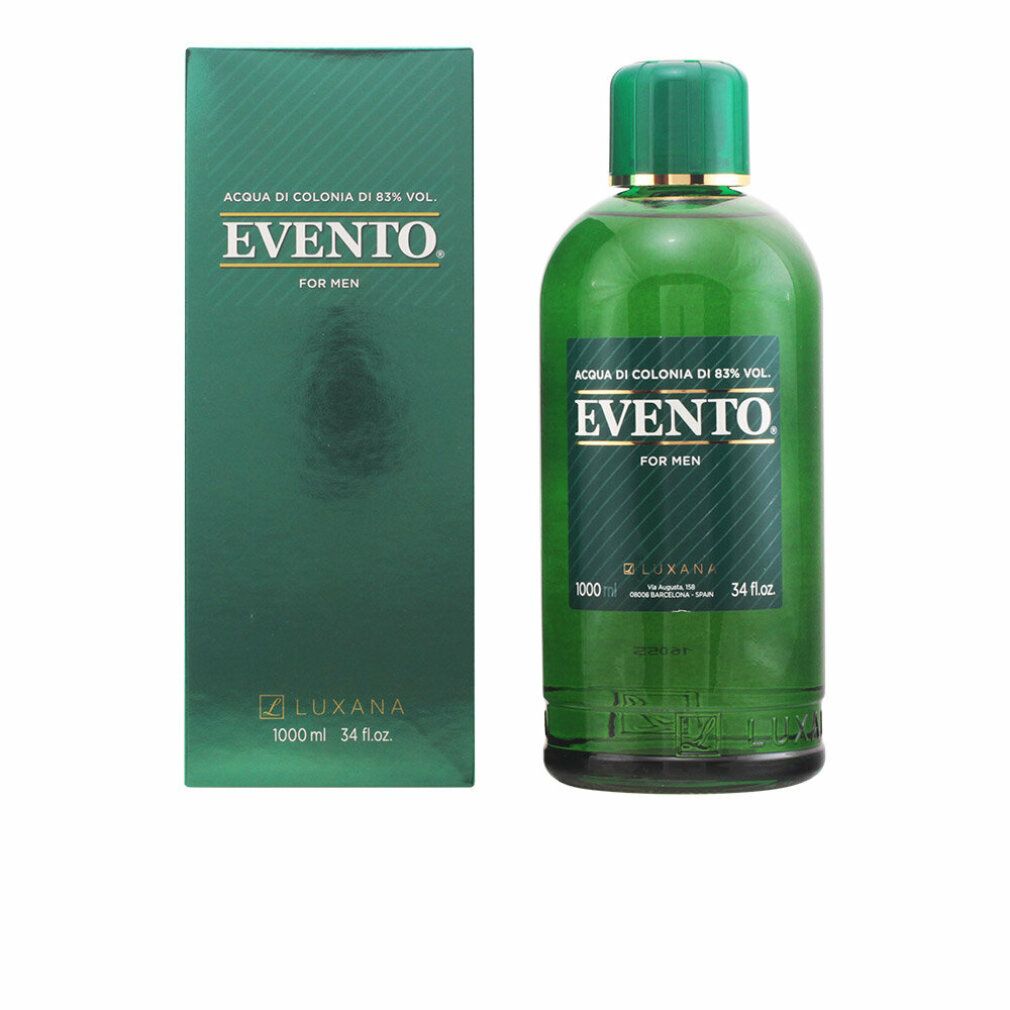 Grüne Flasche und Schachtel. Aufschrift: Evento, Acqua di Colonia, 83% Vol. Für Herren. Luxana.