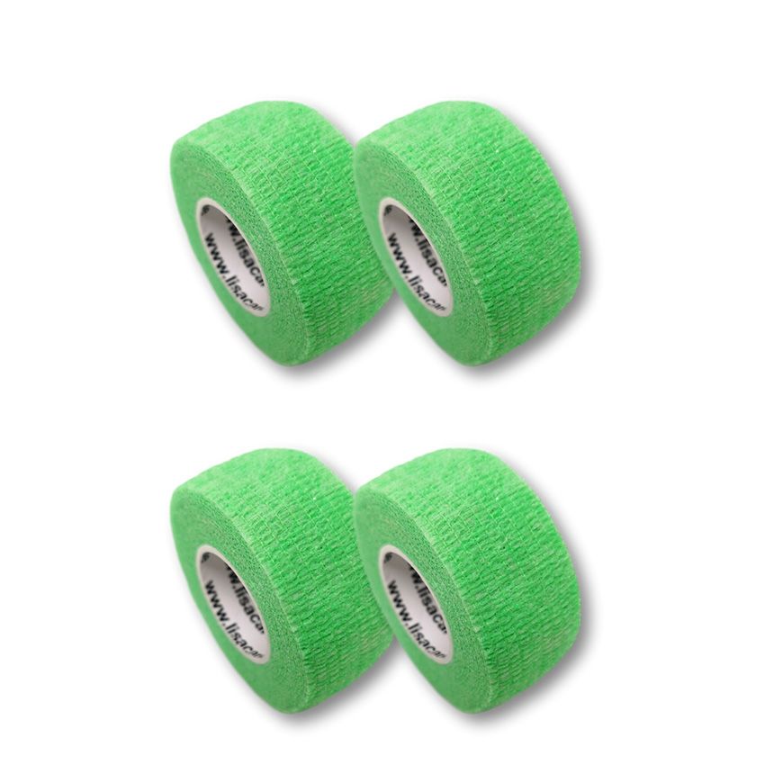Vier Rollen neongrünes Fingerpflaster. Aufgerollt, mit weißer Innenrolle und Aufdruck.