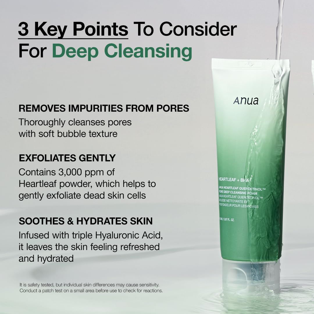 Produkt-Tube neben Text. Text: 3 Key Points For Deep Cleansing. Anua Logo. Produkt-Details.
