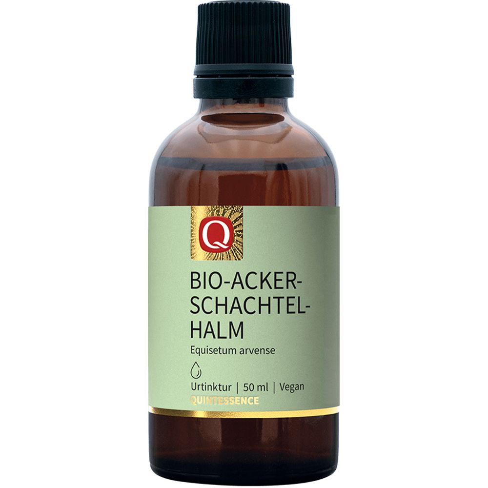 Quintessence Bio-Ackerschachtelhalm Tinktur in Braunglasflasche mit schwarzem Deckel und grünem Etikett.