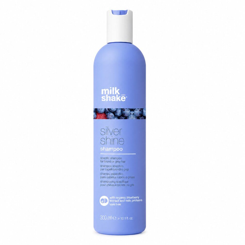 Milk Shake Silver Shine Shampoo Flasche mit weißem Klappdeckel. Blaue Flasche mit Beeren-Design.