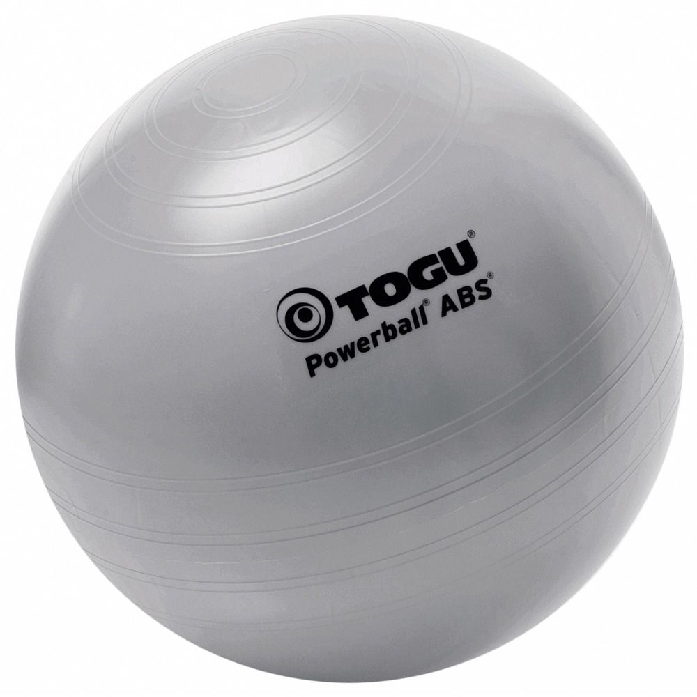 Grauer Gymnastikball mit dem Logo von TOGU und der Aufschrift Powerball ABS. Der Ball hat horizontale Rillen.