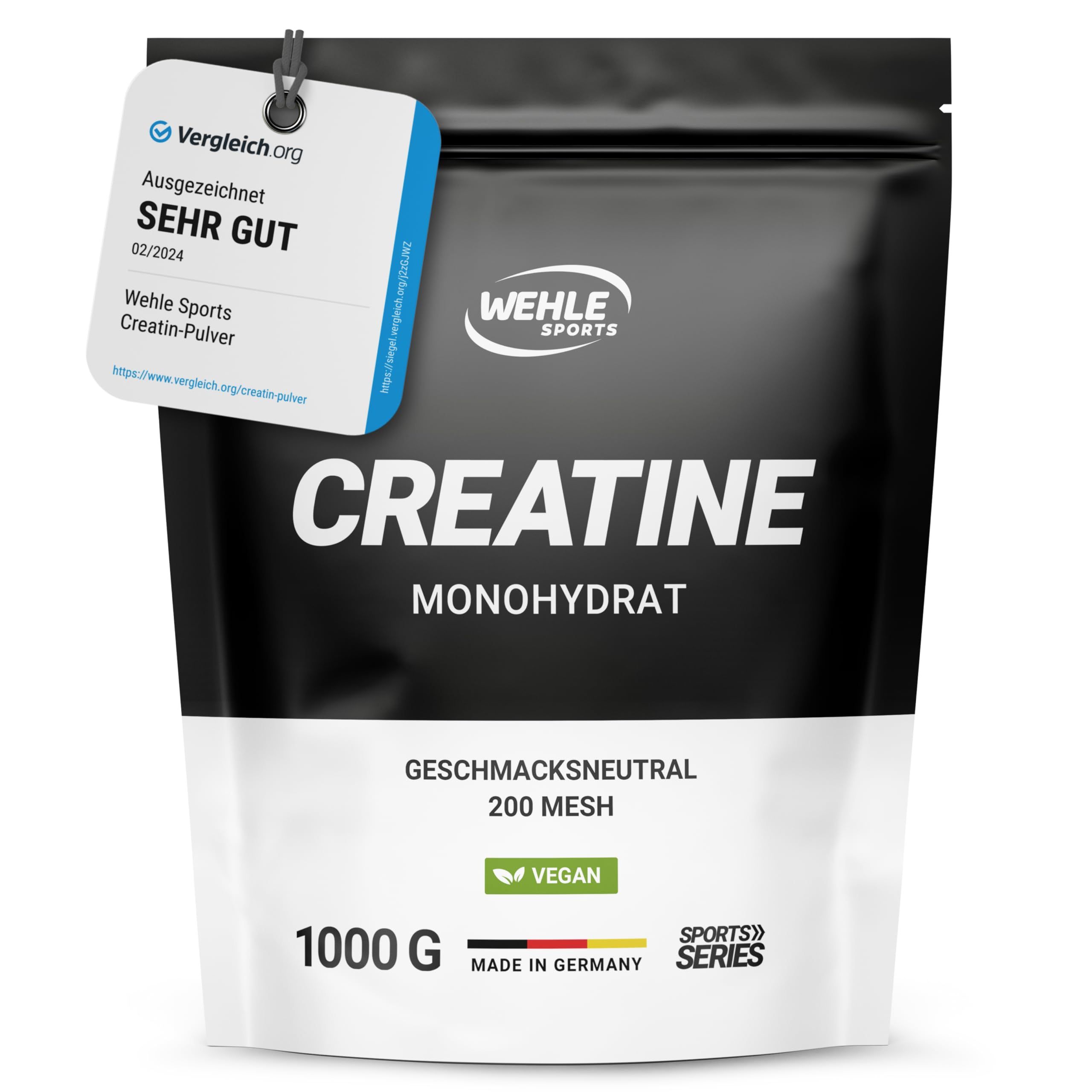 Schwarzer Beutel mit weißem Boden. Aufschrift: CREATINE MONOHYDRAT. Enthält 1000g. Vegan. Geschmacksneutral. Sehr gut getestet.