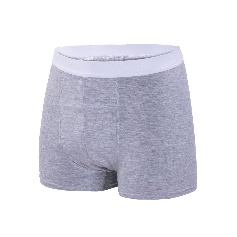 Graue Inkontinenzhose für Männer mit weißem Bund. Kurze Form, aus Stoff. Vorderansicht.