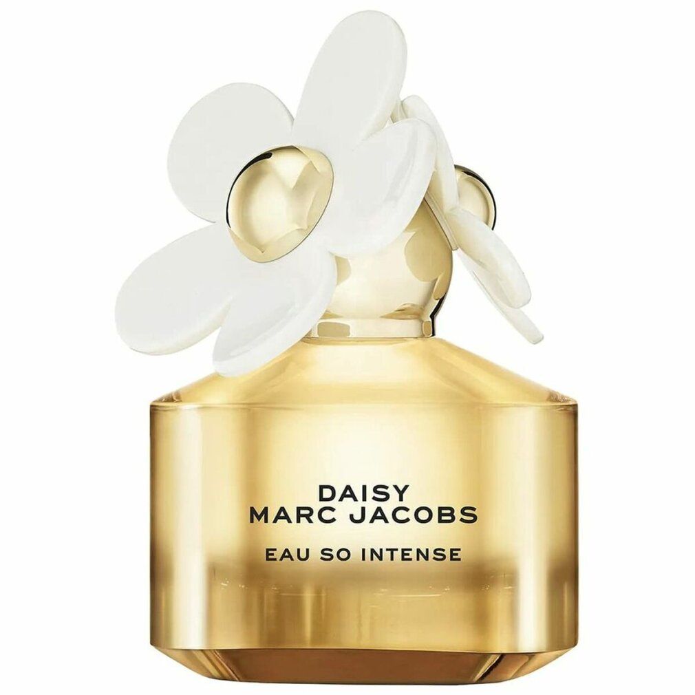 Goldfarbener Flakon mit weißer Blüte. Aufschrift: Daisy Marc Jacobs Eau So Intense.